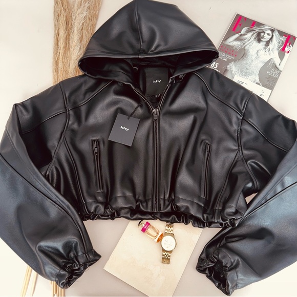 KHY Faux Leather Hooded Cropped Jacket - Picture 2 of 7